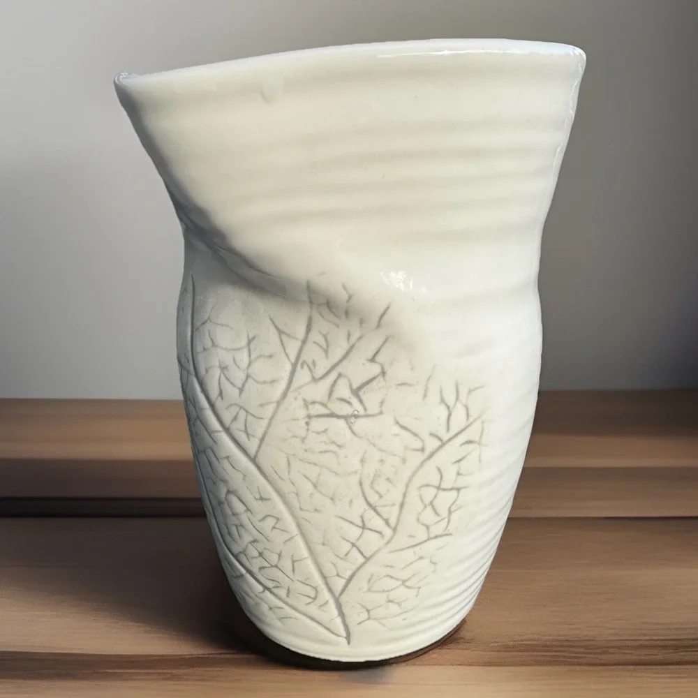 DBO Home West Elm White Ceramic Vase Pitcher Leaf Relief Texture Modern Minimal